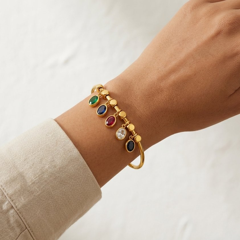 Golden Gemstone Charm Cuff Bracelet – 18K Gold Plated Demi-Fine