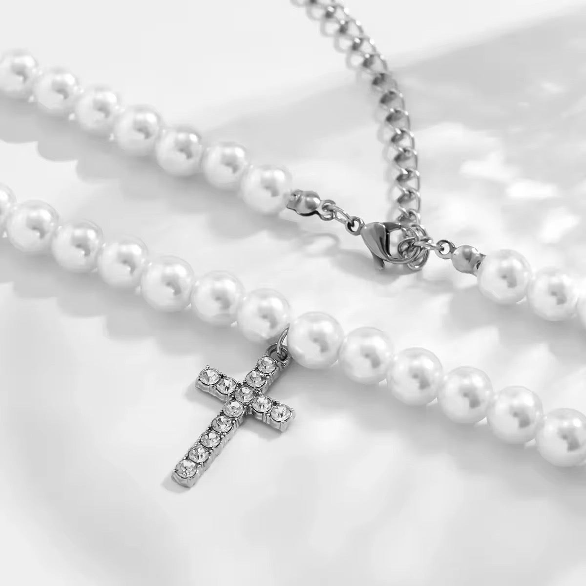 Mini Ice Cross Pearl Necklace