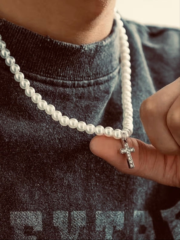 Mini Ice Cross Pearl Necklace