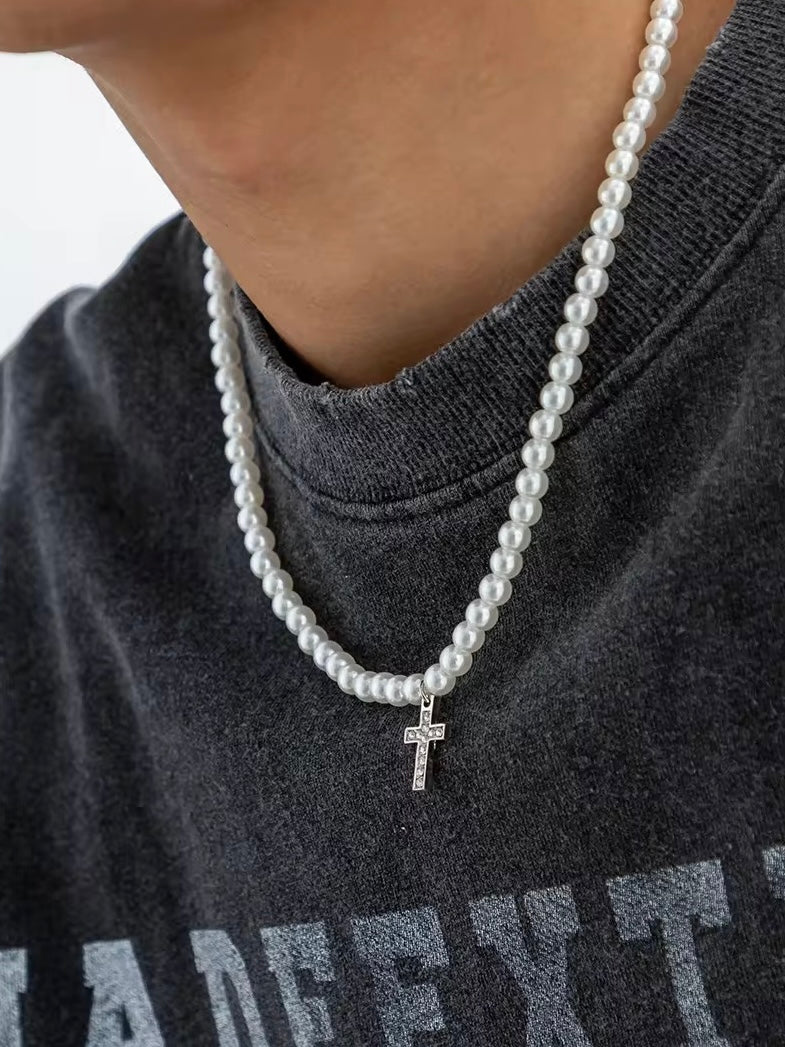 Mini Ice Cross Pearl Necklace