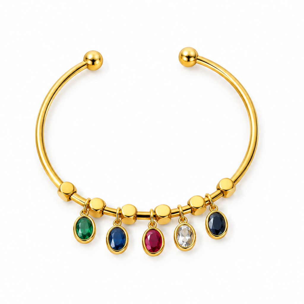 Golden Gemstone Charm Cuff Bracelet – 18K Gold Plated Demi-Fine