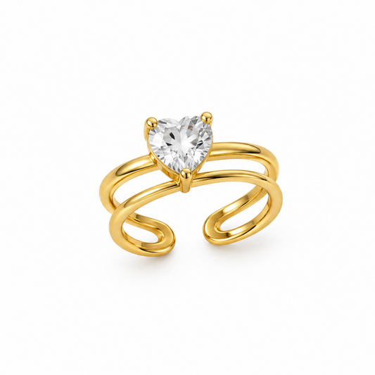 18K Gold Plated Heart Solitaire Open Ring