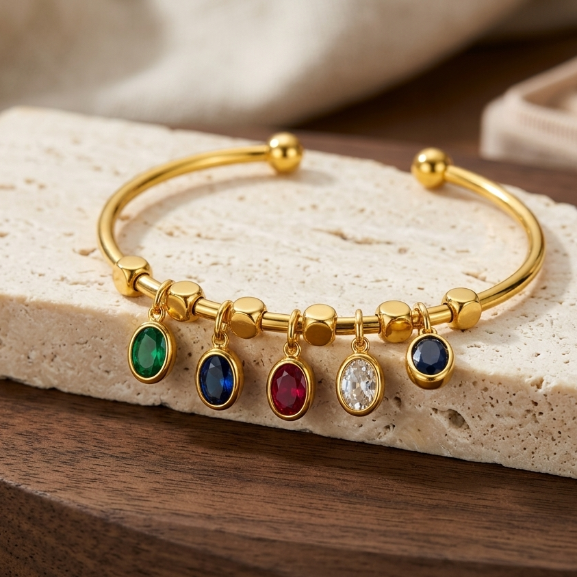 Golden Gemstone Charm Cuff Bracelet – 18K Gold Plated Demi-Fine