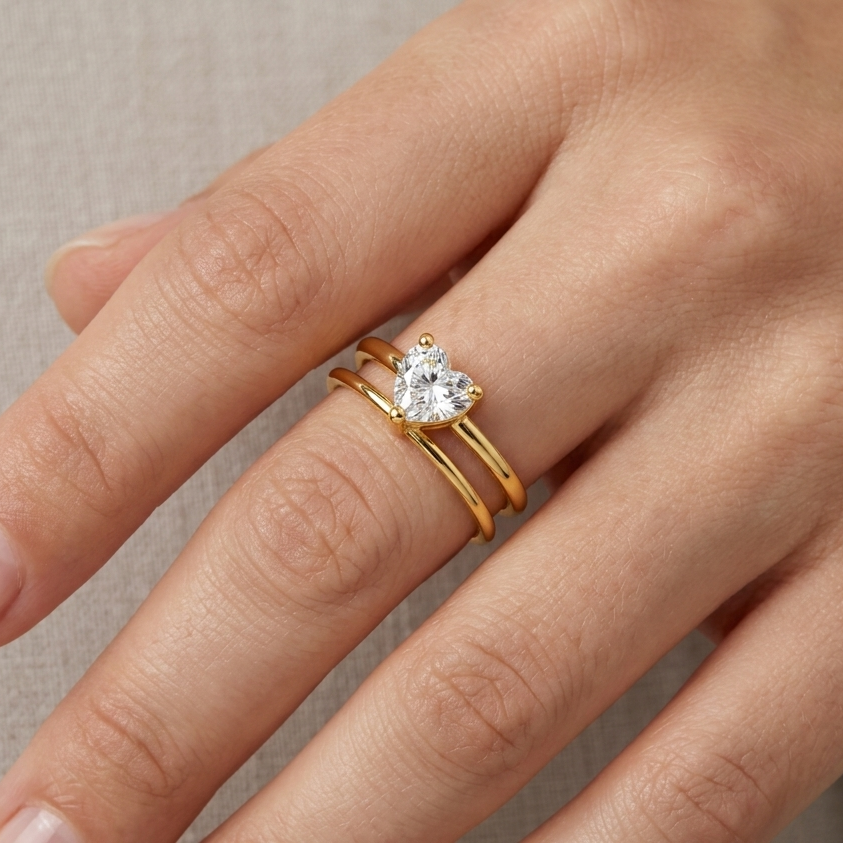 18K Gold Plated Heart Solitaire Open Ring