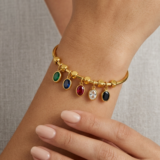 Golden Gemstone Charm Cuff Bracelet – 18K Gold Plated Demi-Fine