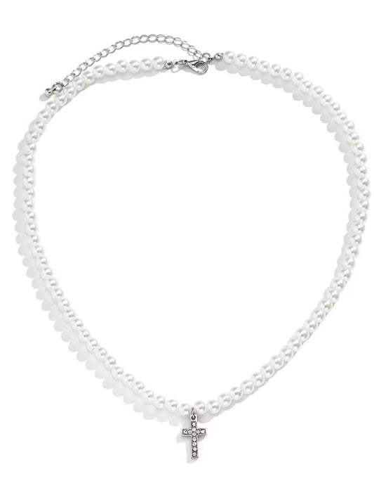 Mini Ice Cross Pearl Necklace